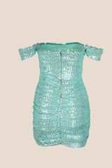 Off the Shoulder Sage Green Sequin Fitted Short Dress
