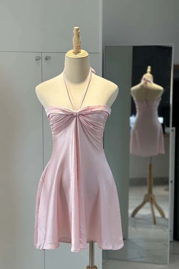 Pink Halter Ruched Short Dress