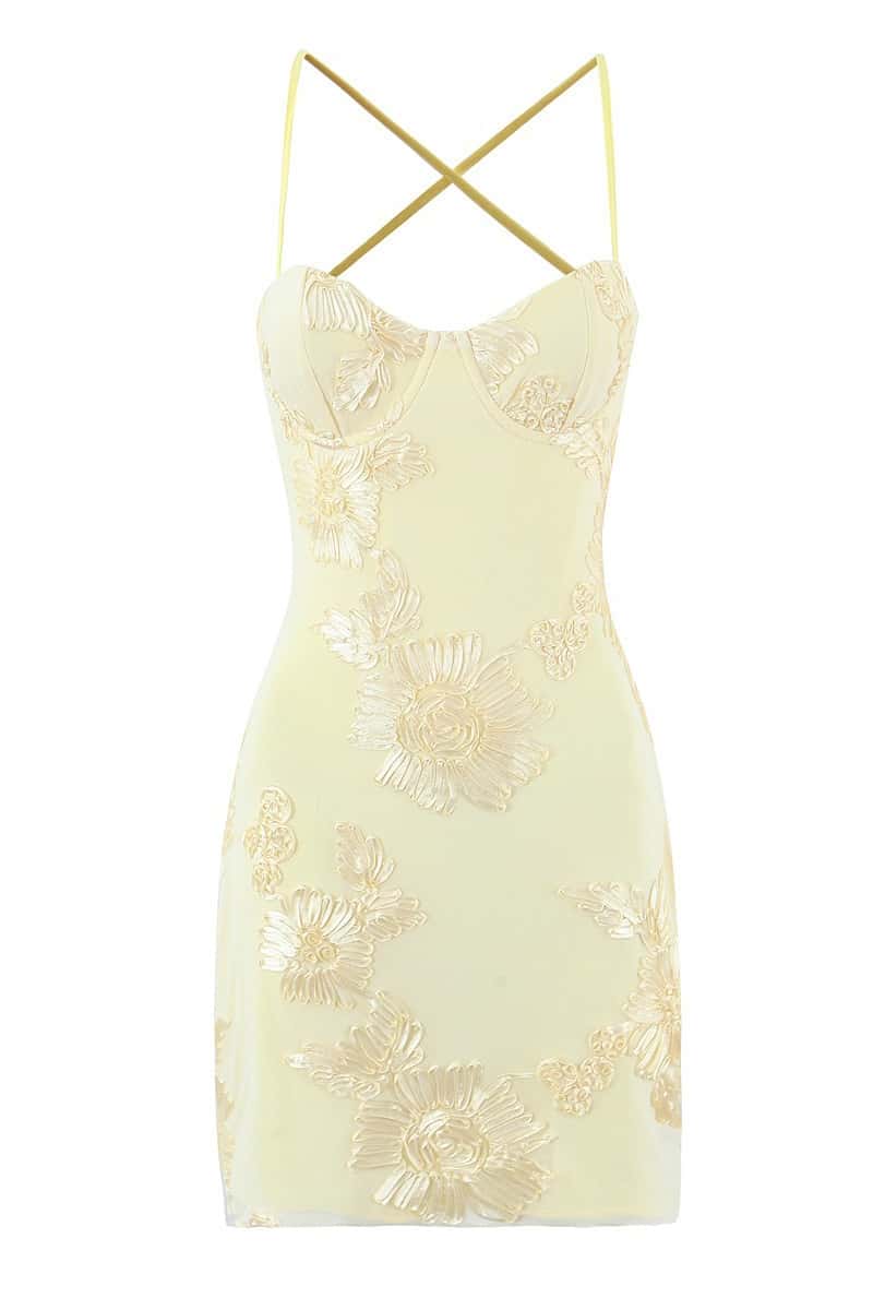Yellow Floral Appliques Tight Short Dress