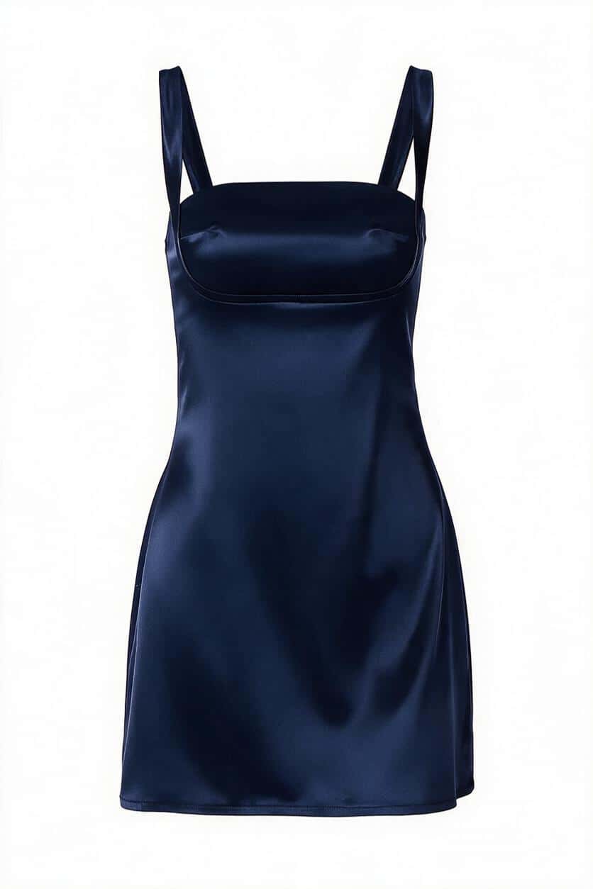 Navy Blue Satin Square Neck Short Dress
