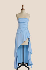 Sky Blue Strapless Ruched Slit Dress