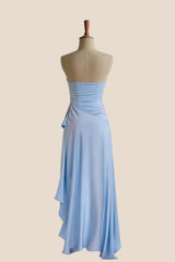 Sky Blue Strapless Ruched Slit Dress