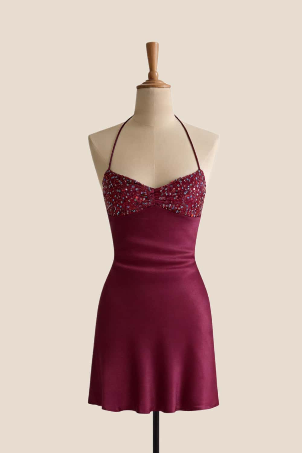 Halter Beaded Burgundy Short Dress