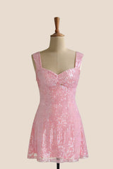 Wide Straps Pink Sequin A-line Mini Dress