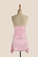 Pink Strapless Satin Draped Short Dress