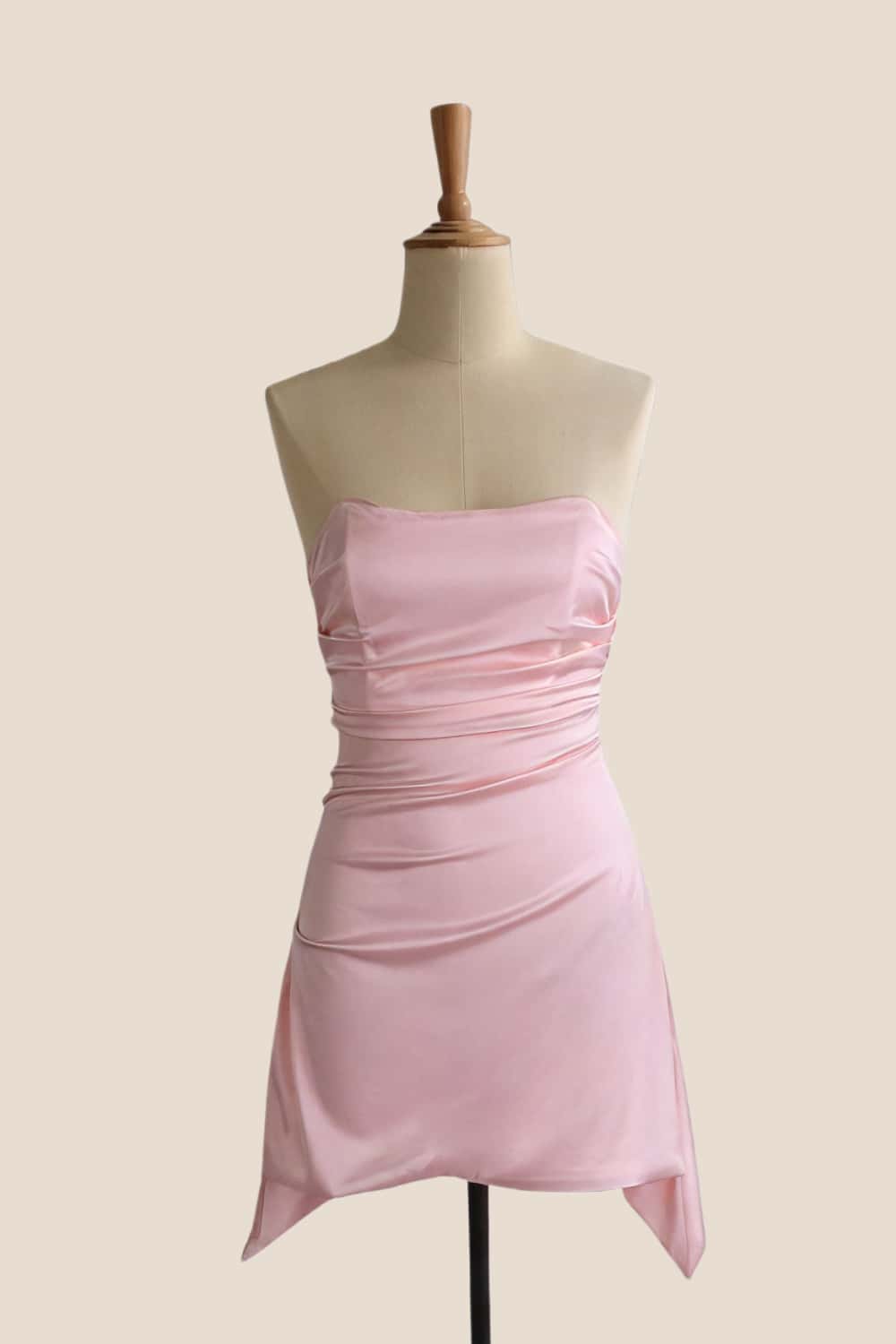 Pink Strapless Satin Draped Short Dress