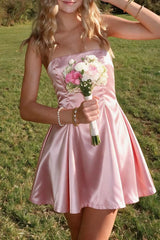 Light Blue Satin Strapless A-line Short Dress