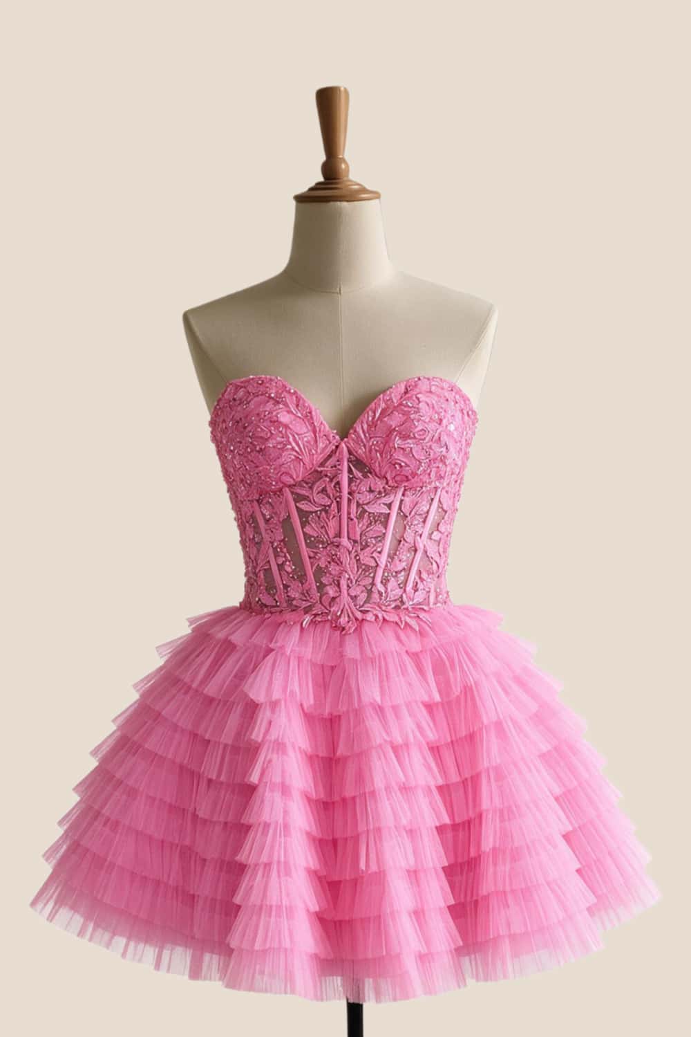 Hot Pink Appliques A-line Ruffle Short Dress