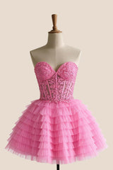 Hot Pink Appliques A-line Ruffle Short Dress