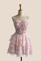 Pink 3D Flowers Chiffon Tiered Short Dress