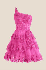 One Shoulder Red Sequin Tiered Short Dress