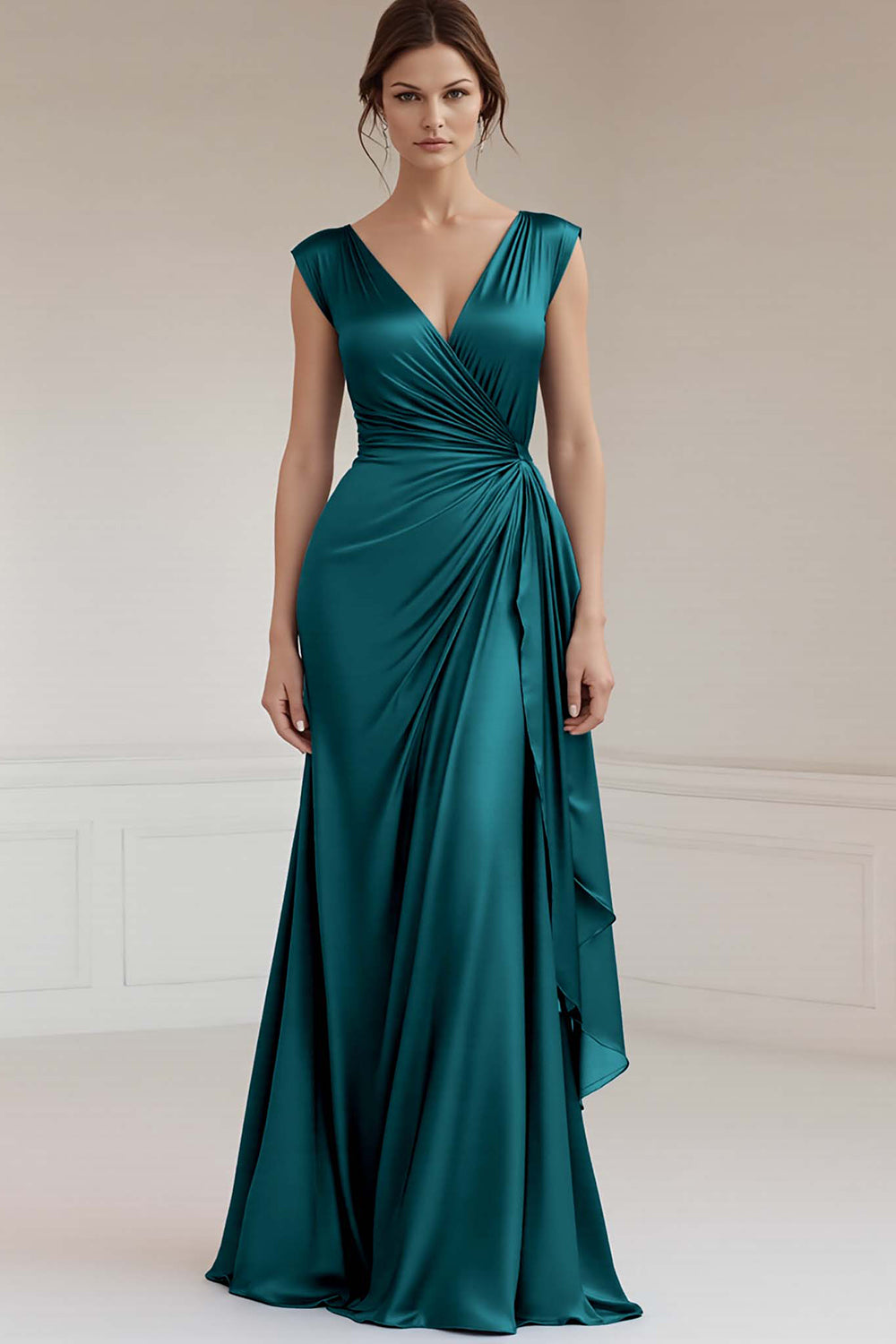 Peacock V-Neck Sheath Ruched Long Formal Dress with Ruffles