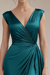 Peacock V-Neck Sheath Ruched Long Formal Dress with Ruffles