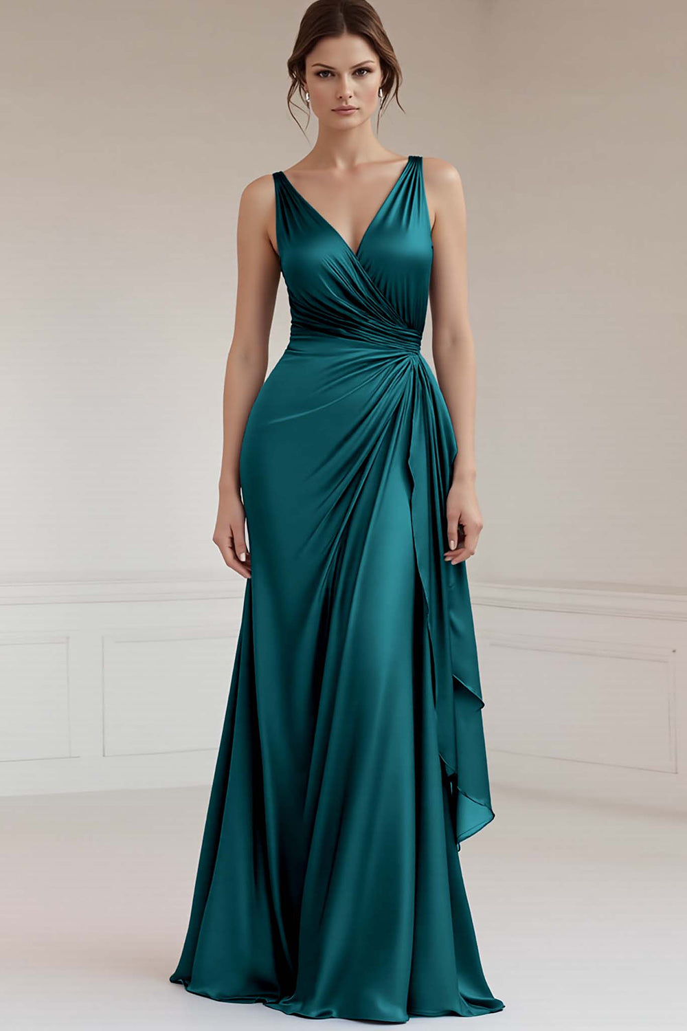 Peacock Sheath Satin V-Neck Long Formal Dress