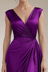 Peacock V-Neck Sheath Ruched Long Formal Dress with Ruffles