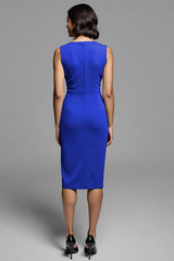 Royal Blue Satin Bodycon Midi Ruched Work Dress with Slit
