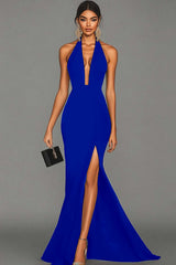 Dark Green Satin Mermaid Deep V-Neck Long Formal Dress with Slit