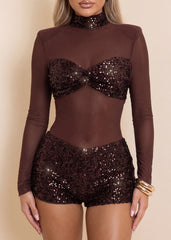 Sheer Grace Sequin Mesh Playsuit - Brown