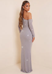 Show Stopper Asymmetric Long Sleeve Maxi Dress - Silver