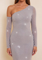 Show Stopper Asymmetric Long Sleeve Maxi Dress - Silver
