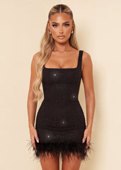 Silent Heartbeat Feather Detail Mini Dress - Black
