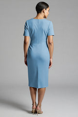 Tahiti V-Neck Bodycon Midi Satin Work Dress with Short Sleeves