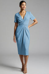 Tahiti V-Neck Bodycon Midi Satin Work Dress with Short Sleeves