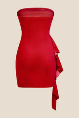 Strapless Burgundy Bodycon Short Dress with Train