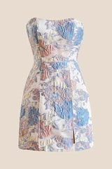 Strapless Light Blue Floral Short Dress with Silt