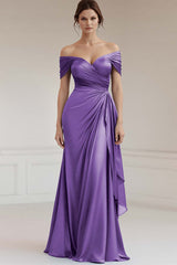 Peacock Satin Off the Shoulder Long Sheath Formal Dress