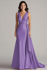 Peacock Deep V-Neck Mermaid Long Satin Formal Dress