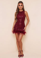 Untamed Aura Feather Detail Mini Dress - Burgundy