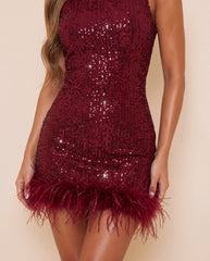 Untamed Aura Feather Detail Mini Dress - Burgundy