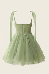 V-neck Sage Green Pleated A-line Short Dress