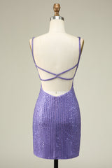 Spaghetti Straps Purple Tight Sequins Short Homecoming Dress