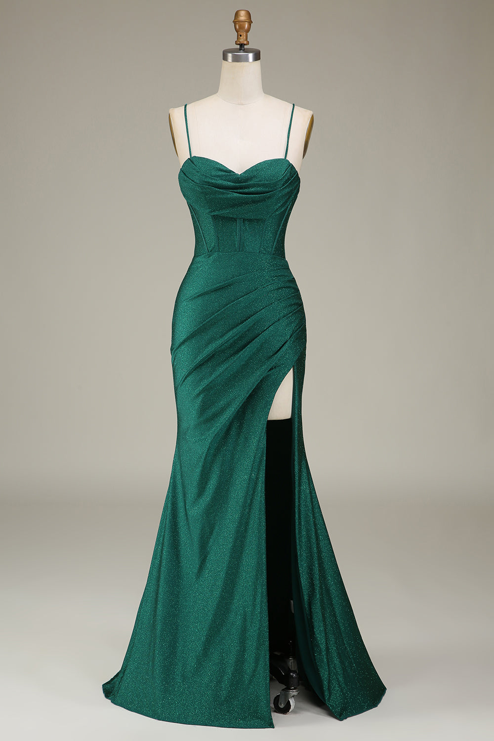 Dark Green Spaghetti Straps Mermaid Prom Dress with slit