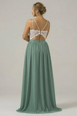 Eucalyptus Open Back Boho Chiffon Long Bridesmaid Dress with Lace