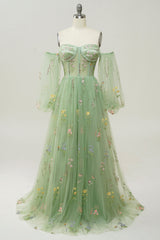 Green Off Shoulder Floral Long Prom Dress