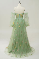 Green Off Shoulder Floral Long Prom Dress