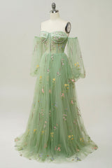 Green Off Shoulder Floral Long Prom Dress