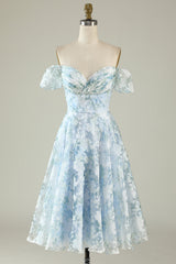 Blue Floral Off The Shoulder Printed Short Cocktail Dress