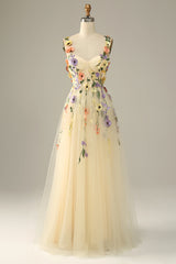 Flower A-Line Champagne Prom Dress