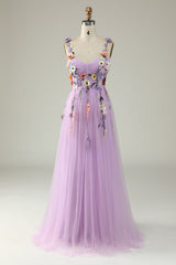 Flower A-Line Purple Prom Dress