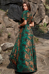A-Line V Neck Dark Green Burnout Velvet Floor Length Prom Dress with Short Sleeve