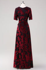 Burnout Velvet Burgundy V-Neck Mother of Bride Dress