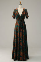 A-Line V Neck Dark Green Burnout Velvet Floor Length Prom Dress with Short Sleeve