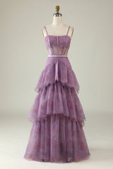 Purple Tulle Spaghetti Straps Corset Bridesmaid Dress