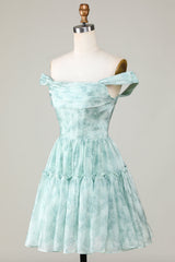 Stylish A Line Off the Shoulder Sage Printed Short Homecoming Dress