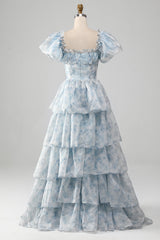 Organza Light Blue Tiered Prom Dress with Corset