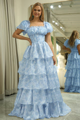 Organza Light Blue Tiered Prom Dress with Corset